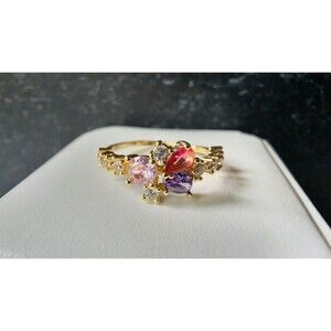 Pink & Purple Rhinestone Gold Tone Metal Ring Size 6.25 Costume Jewelry
